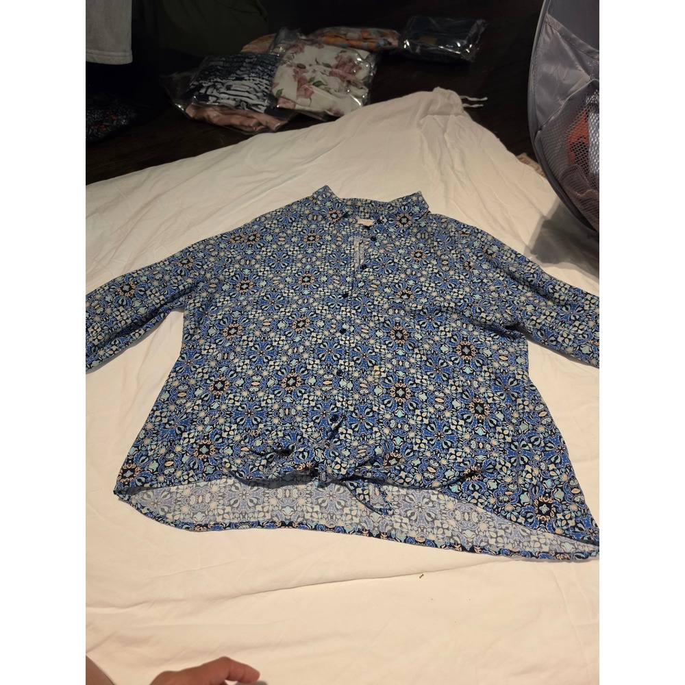 Talbots Blue Medallion Paisley Front Tie Button Down Blouse Large Womens